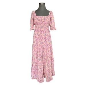 R. Yiposha Pink Multicolor Floral Midi Dress Milkmaid Tiered Square Neck Size S